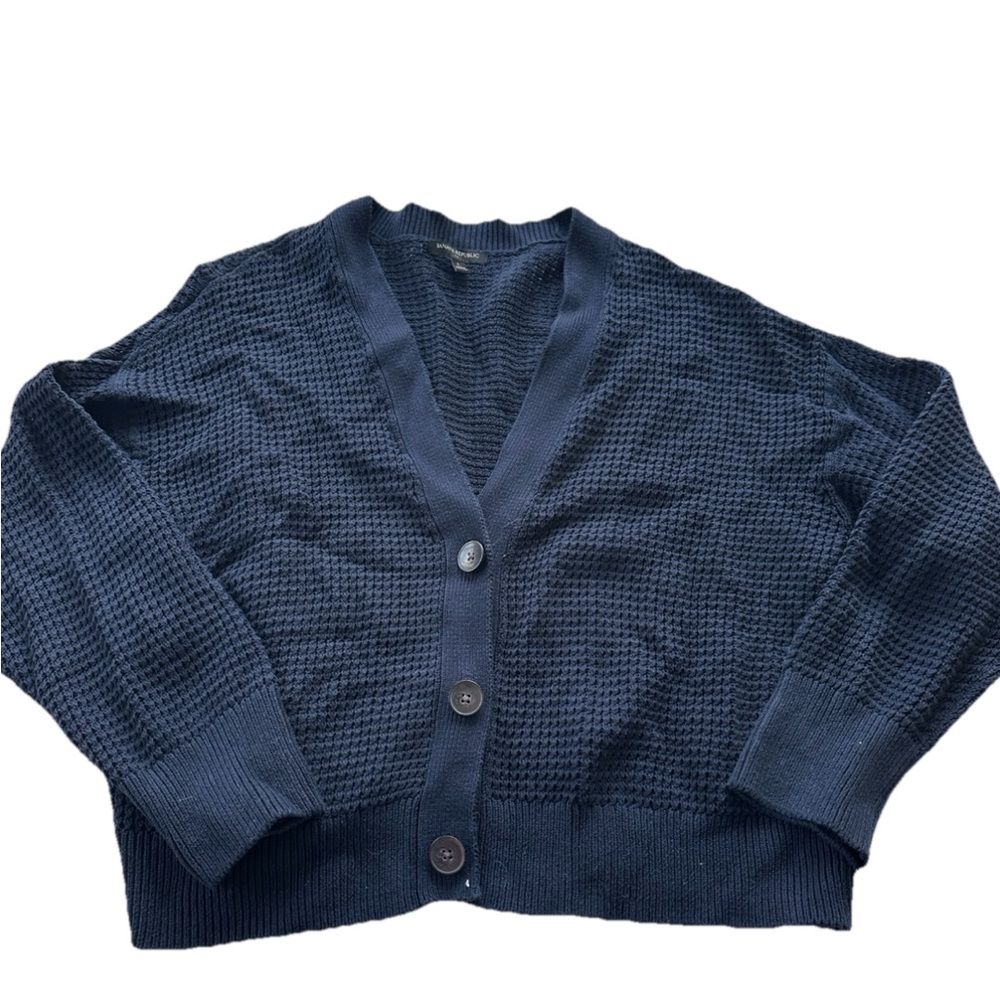 Banana Republic Women's Waffle Knit V-neck 3 Button Cardigan Navy Size Large - Picture 2 of 9